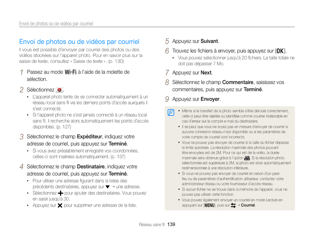 Samsung EC-EX2FZZBPBFR, EC-EX2FZZBPWFR manual Envoi de photos ou de vidéos par courriel 