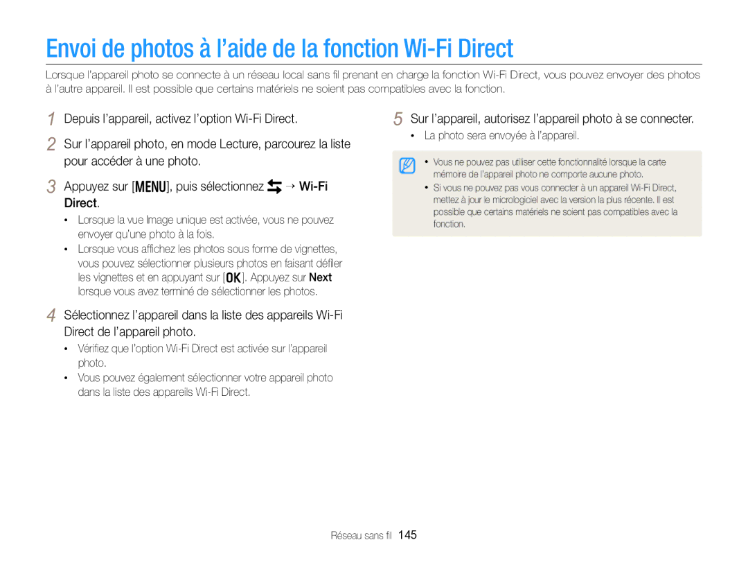 Samsung EC-EX2FZZBPBFR manual Envoi de photos à l’aide de la fonction Wi-Fi Direct, La photo sera envoyée à l’appareil 