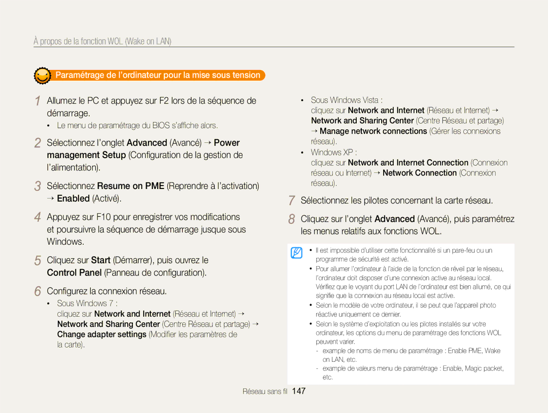 Samsung EC-EX2FZZBPBFR manual Propos de la fonction WOL Wake on LAN, Paramétrage de l’ordinateur pour la mise sous tension 