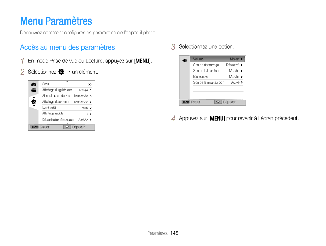 Samsung EC-EX2FZZBPBFR manual Menu Paramètres, Accès au menu des paramètres, En mode Prise de vue ou Lecture, appuyez sur m 