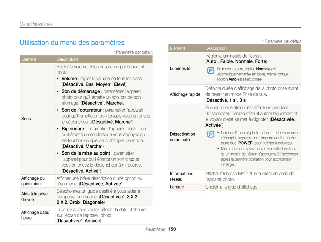 Samsung EC-EX2FZZBPWFR, EC-EX2FZZBPBFR manual Utilisation du menu des paramètres, Menu Paramètres, Elément Description 