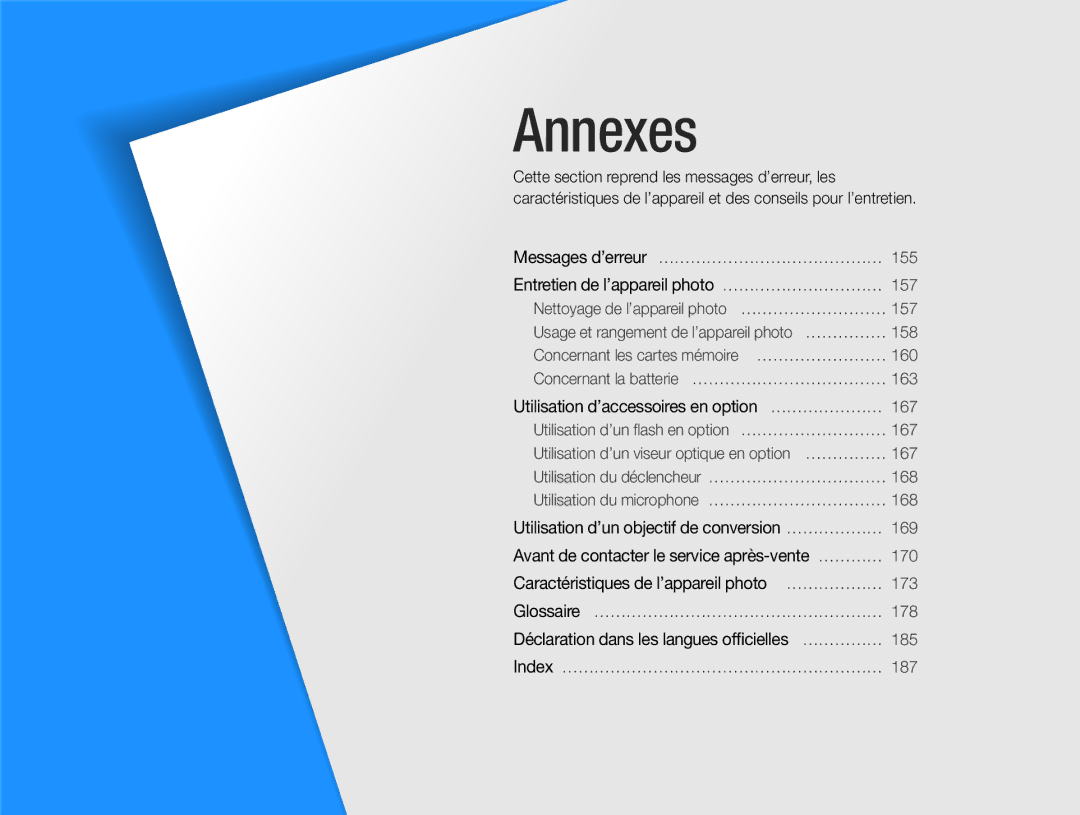 Samsung EC-EX2FZZBPWFR manual Utilisation d’accessoires en option …………………, Glossaire, Caractéristiques de l’appareil photo 