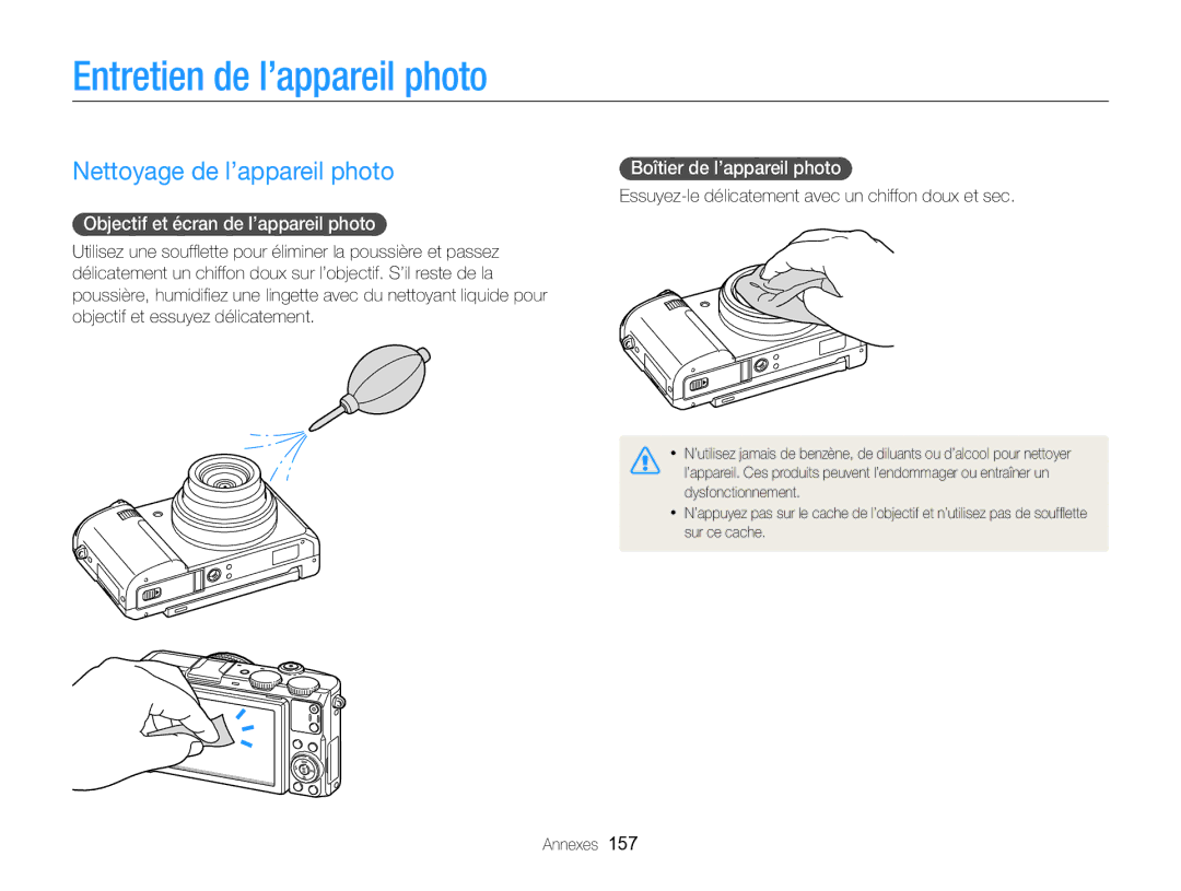 Samsung EC-EX2FZZBPBFR Entretien de l’appareil photo, Nettoyage de l’appareil photo, Objectif et écran de l’appareil photo 