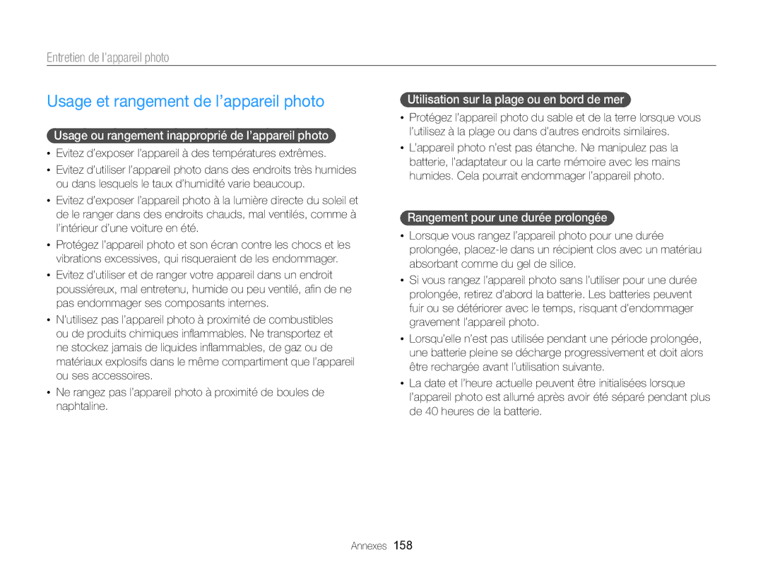 Samsung EC-EX2FZZBPWFR, EC-EX2FZZBPBFR manual Usage et rangement de l’appareil photo, Entretien de l’appareil photo 