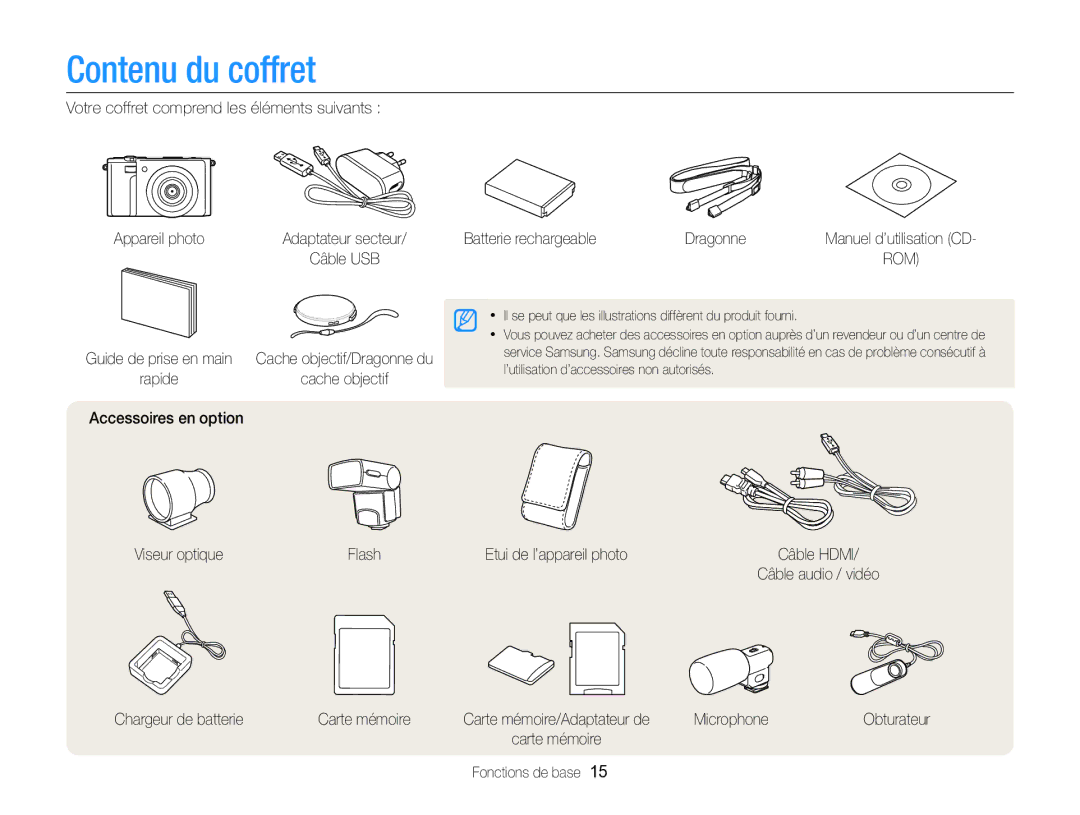 Samsung EC-EX2FZZBPBFR, EC-EX2FZZBPWFR manual Contenu du coffret 