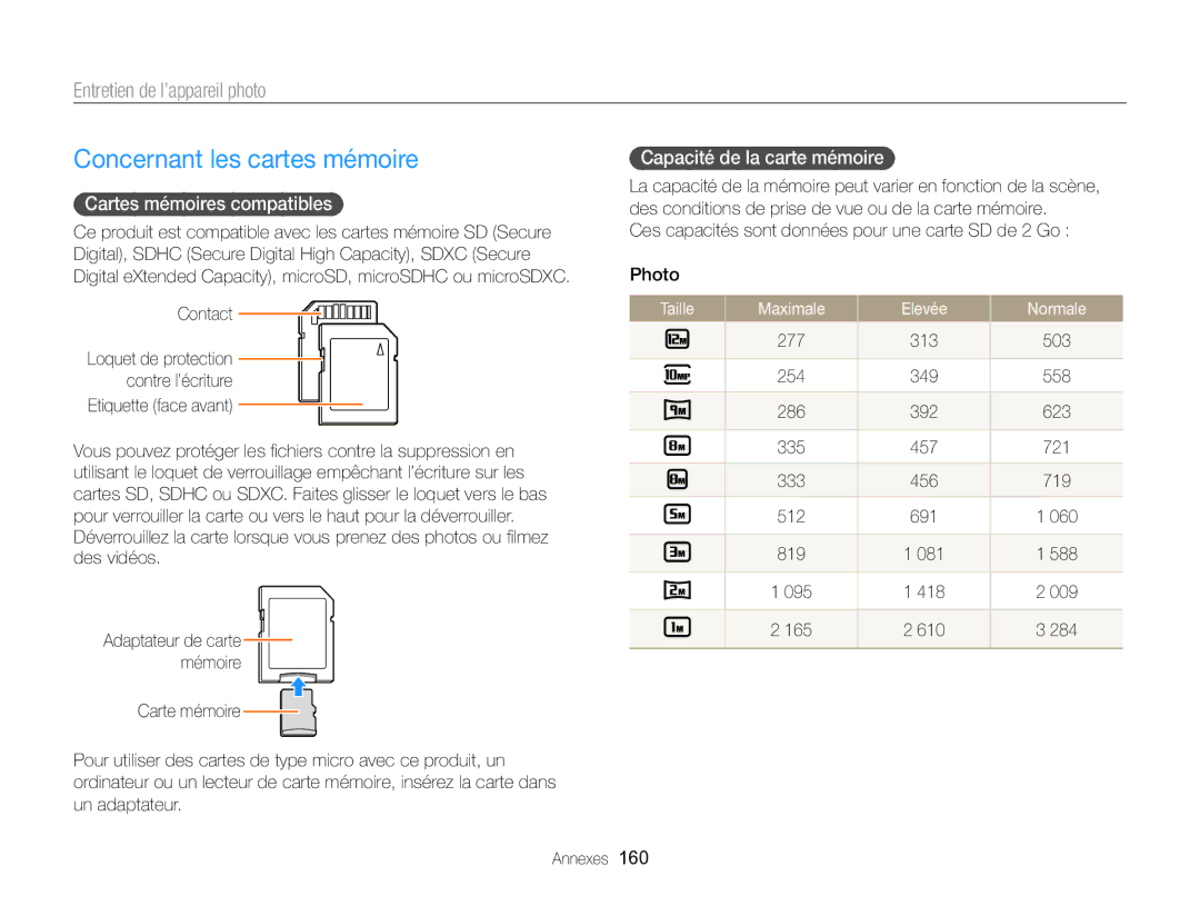 Samsung EC-EX2FZZBPWFR manual Concernant les cartes mémoire, Cartes mémoires compatibles, Capacité de la carte mémoire 