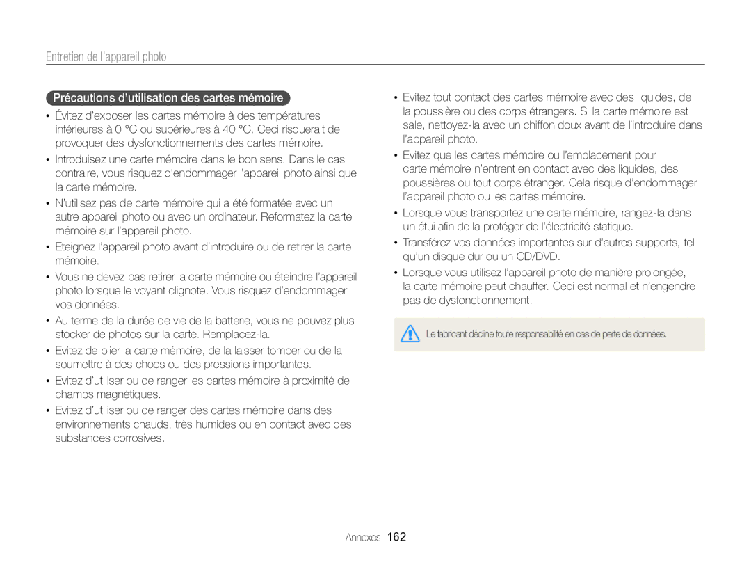 Samsung EC-EX2FZZBPWFR, EC-EX2FZZBPBFR manual Précautions d’utilisation des cartes mémoire 