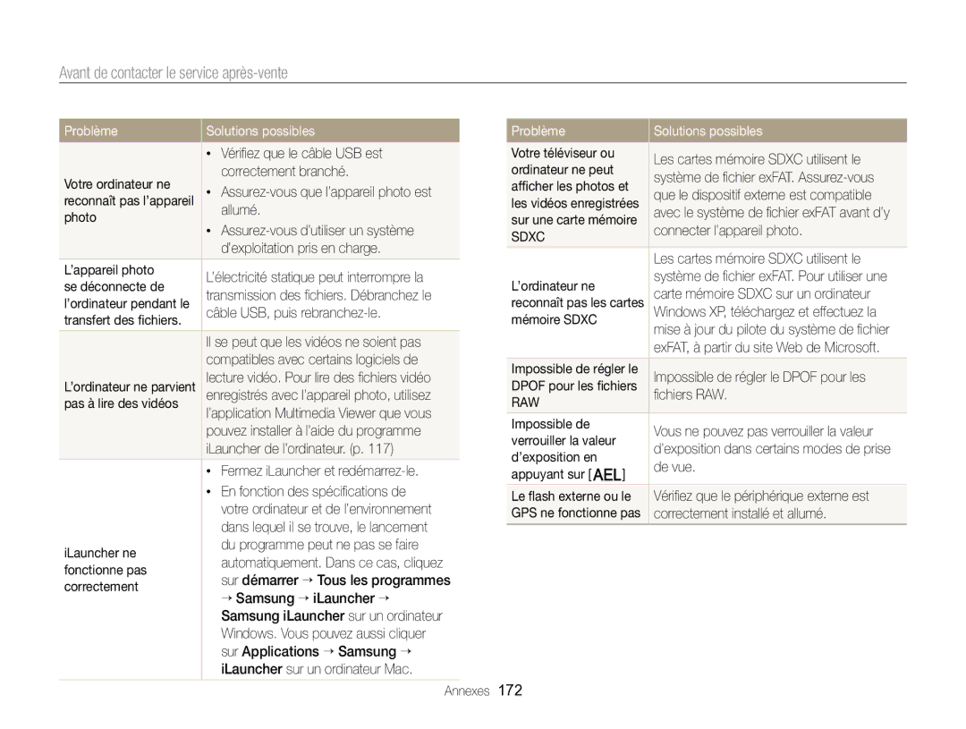 Samsung EC-EX2FZZBPWFR manual Vériﬁez que le câble USB est, Votre ordinateur ne Correctement branché, Se déconnecte de 