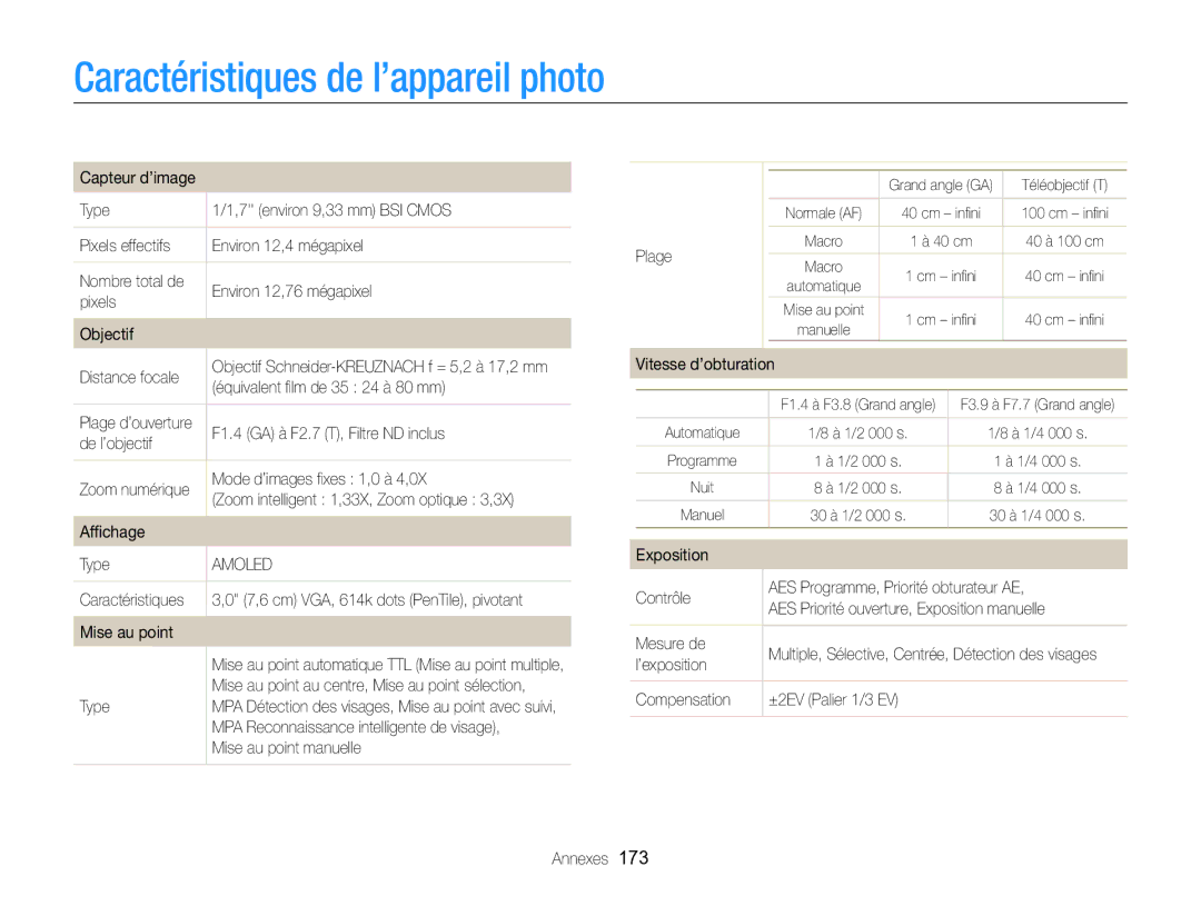 Samsung EC-EX2FZZBPBFR, EC-EX2FZZBPWFR manual Caractéristiques de l’appareil photo 