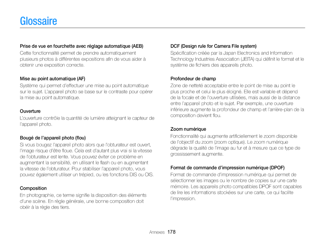 Samsung EC-EX2FZZBPWFR, EC-EX2FZZBPBFR manual Glossaire 