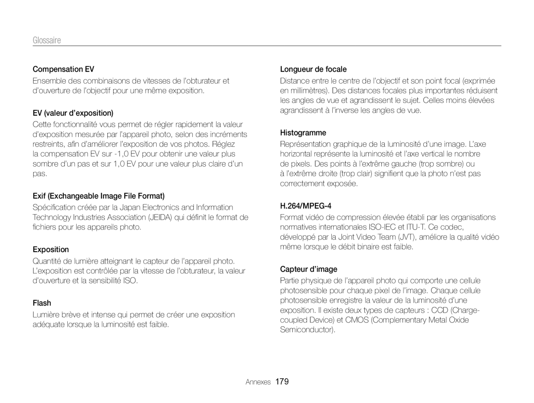 Samsung EC-EX2FZZBPBFR, EC-EX2FZZBPWFR manual Glossaire, Histogramme 