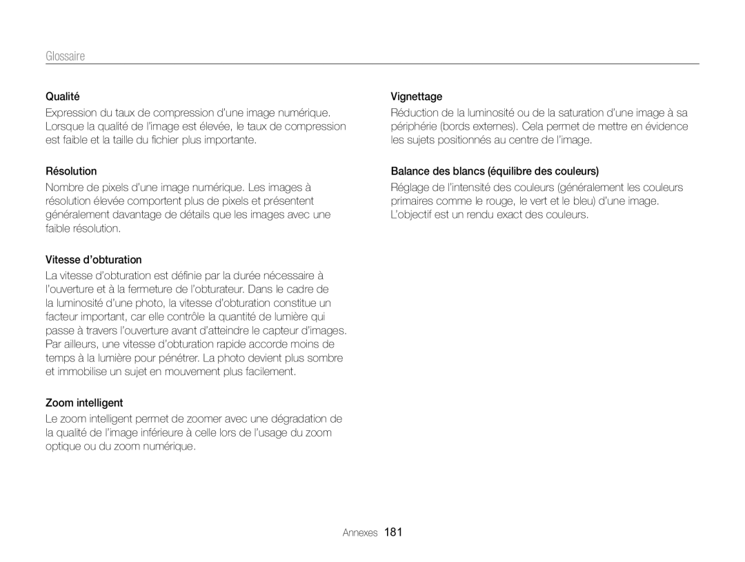 Samsung EC-EX2FZZBPBFR, EC-EX2FZZBPWFR manual Glossaire 