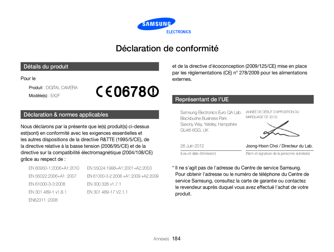 Samsung EC-EX2FZZBPWFR, EC-EX2FZZBPBFR manual Déclaration de conformité, Pour le 