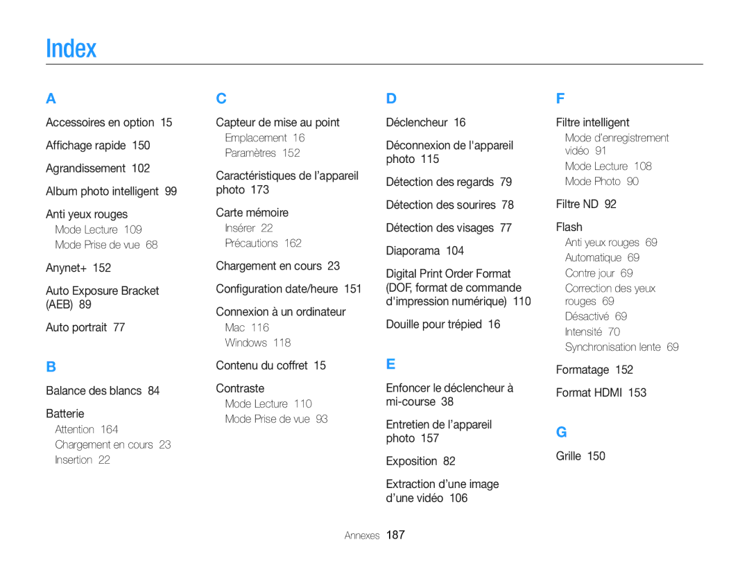 Samsung EC-EX2FZZBPBFR, EC-EX2FZZBPWFR manual Index 