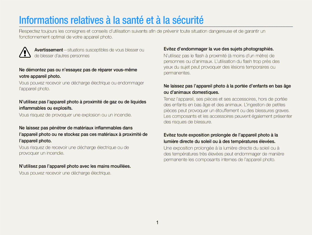 Samsung EC-EX2FZZBPBFR, EC-EX2FZZBPWFR manual Informations relatives à la santé et à la sécurité 