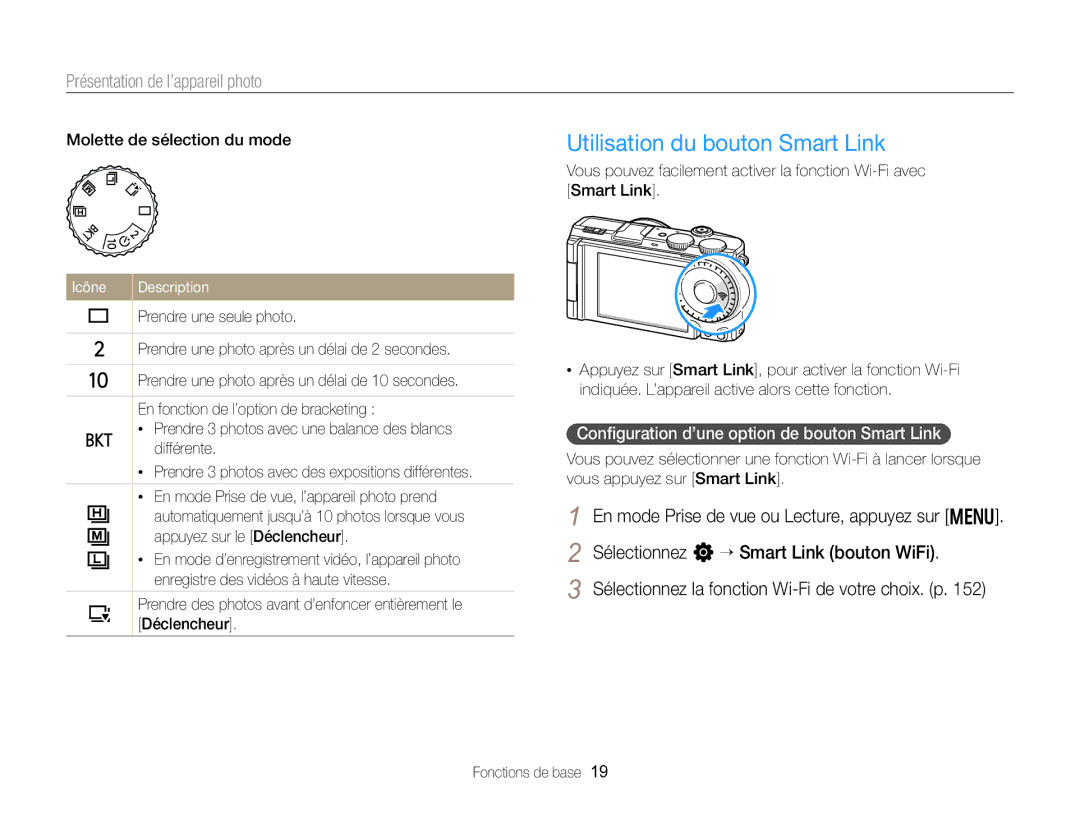 Samsung EC-EX2FZZBPBFR, EC-EX2FZZBPWFR Utilisation du bouton Smart Link, Conﬁguration d’une option de bouton Smart Link 