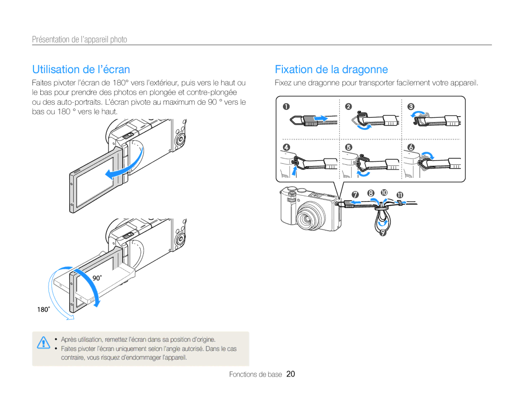 Samsung EC-EX2FZZBPWFR, EC-EX2FZZBPBFR manual Utilisation de l’écran, Fixation de la dragonne 