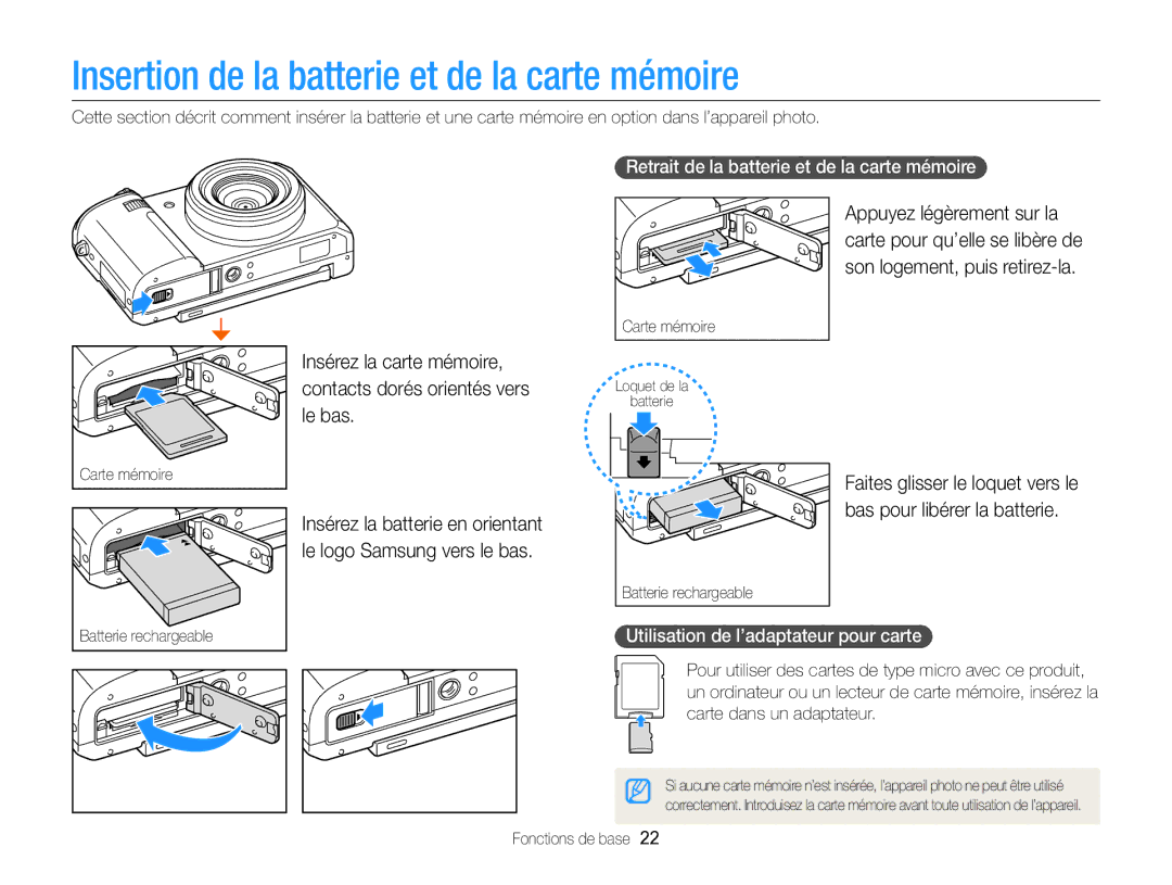 Samsung EC-EX2FZZBPWFR Insertion de la batterie et de la carte mémoire, Retrait de la batterie et de la carte mémoire 