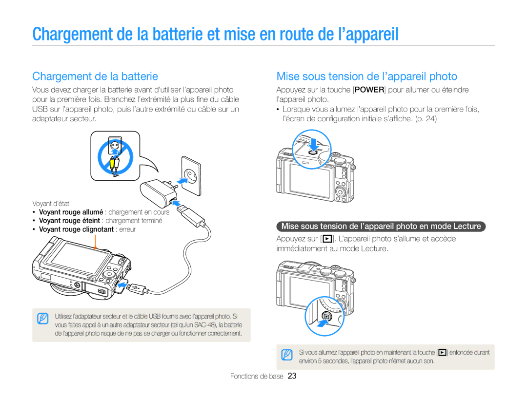 Samsung EC-EX2FZZBPBFR Chargement de la batterie et mise en route de l’appareil, Mise sous tension de l’appareil photo 