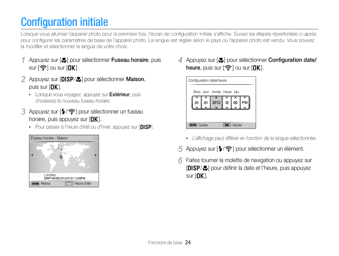 Samsung EC-EX2FZZBPWFR, EC-EX2FZZBPBFR manual Conﬁguration initiale, Pour passer à l’heure d’été ou d’hiver, appuyez sur D 