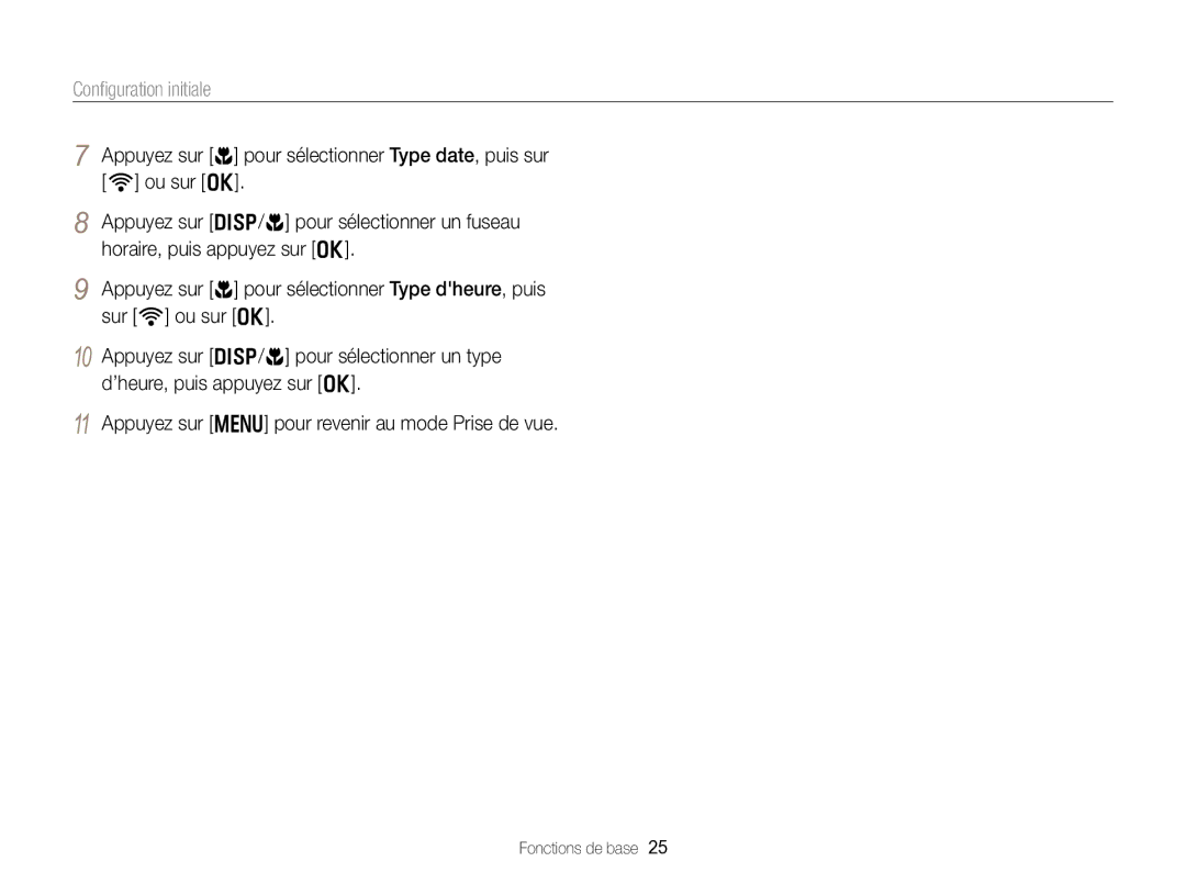 Samsung EC-EX2FZZBPBFR, EC-EX2FZZBPWFR manual Conﬁguration initiale 