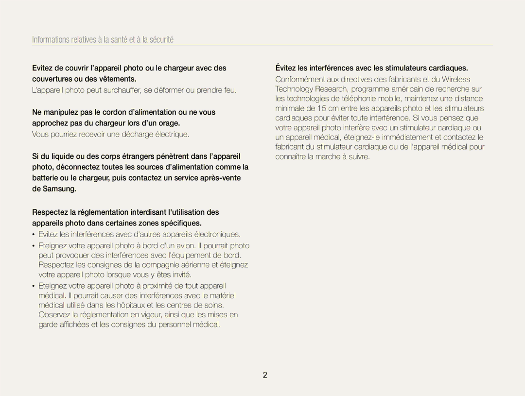 Samsung EC-EX2FZZBPWFR, EC-EX2FZZBPBFR manual Informations relatives à la santé et à la sécurité 