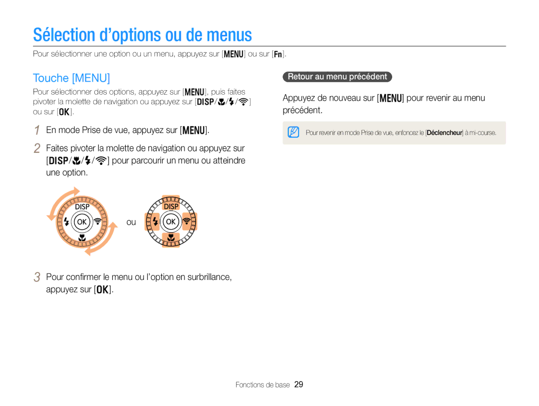 Samsung EC-EX2FZZBPBFR, EC-EX2FZZBPWFR manual Sélection d’options ou de menus, Touche Menu, Retour au menu précédent 