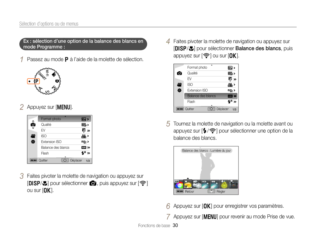 Samsung EC-EX2FZZBPWFR, EC-EX2FZZBPBFR manual Sélection d’options ou de menus, Appuyez sur o pour enregistrer vos paramètres 