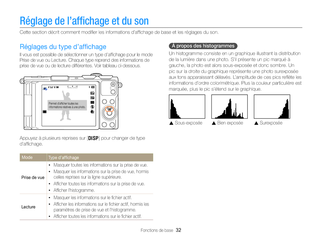 Samsung EC-EX2FZZBPWFR manual Réglage de l’afﬁchage et du son, Réglages du type d’afﬁchage, Propos des histogrammes, Mode 