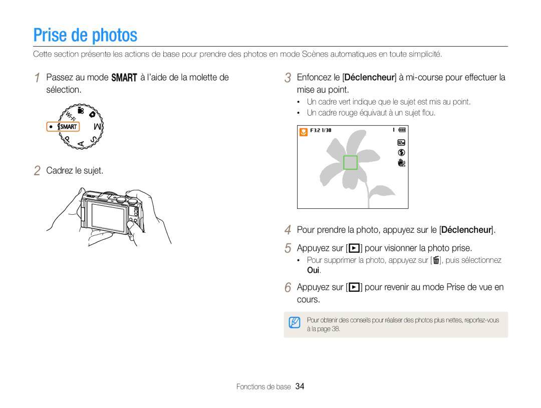 Samsung EC-EX2FZZBPWFR manual Prise de photos, Passez au mode T à l’aide de la molette de, Sélection Mise au point 