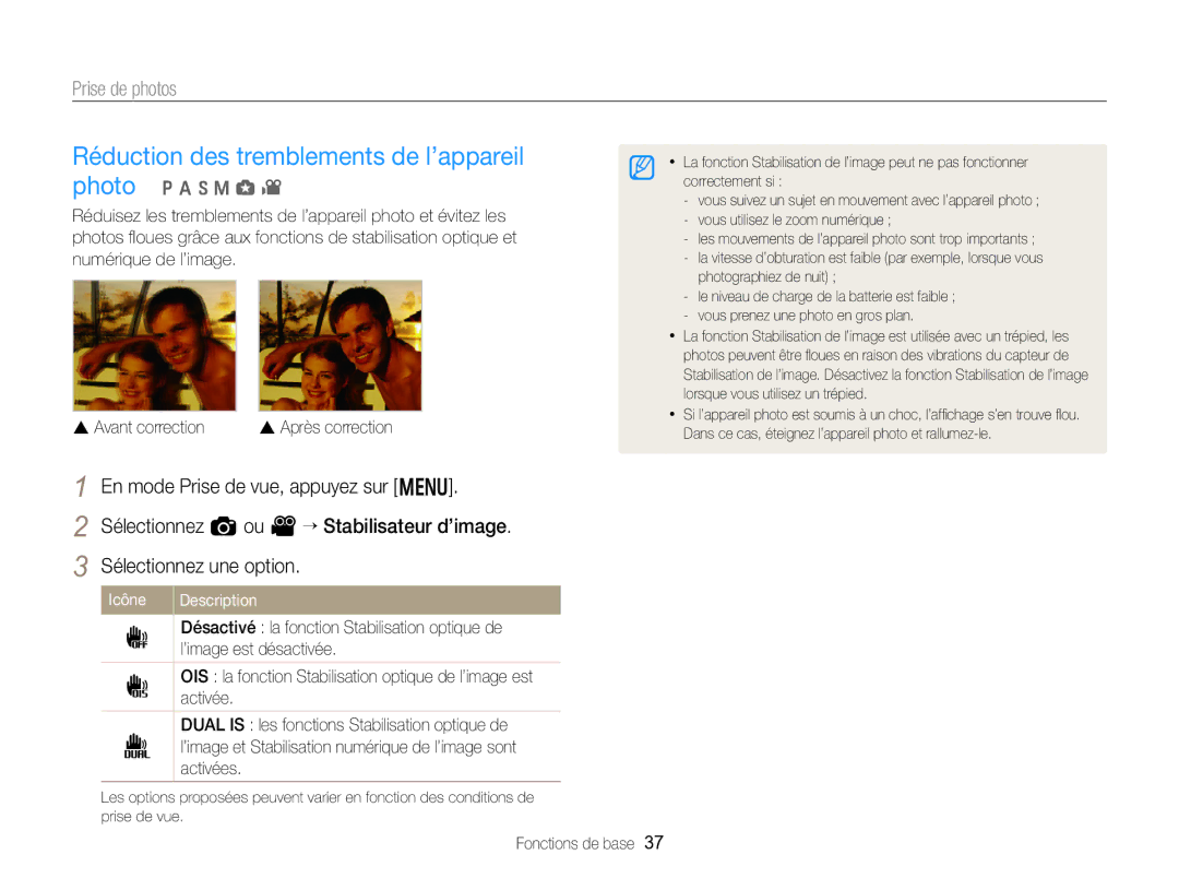 Samsung EC-EX2FZZBPBFR, EC-EX2FZZBPWFR manual Réduction des tremblements de l’appareil photo 