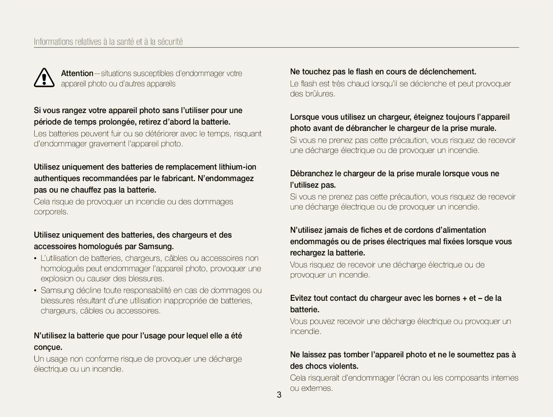 Samsung EC-EX2FZZBPBFR, EC-EX2FZZBPWFR manual Informations relatives à la santé et à la sécurité 