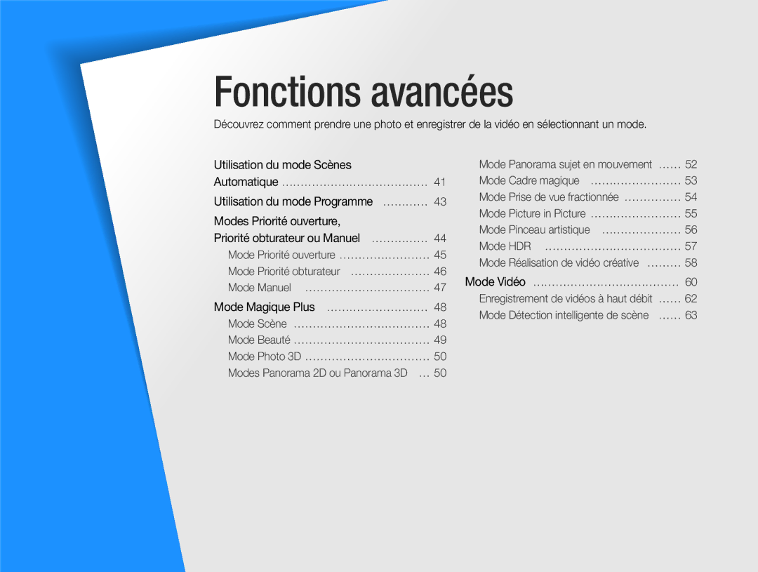 Samsung EC-EX2FZZBPWFR, EC-EX2FZZBPBFR manual Utilisation du mode Scènes, Mode Magique Plus ……………………… 