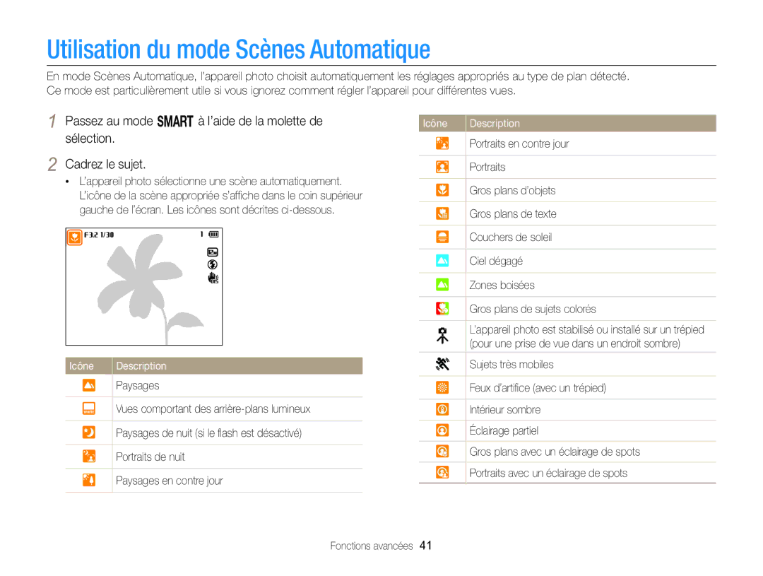 Samsung EC-EX2FZZBPBFR, EC-EX2FZZBPWFR manual Utilisation du mode Scènes Automatique, Sélection 