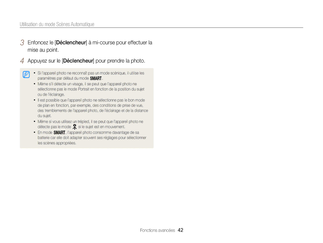 Samsung EC-EX2FZZBPWFR, EC-EX2FZZBPBFR manual Utilisation du mode Scènes Automatique 