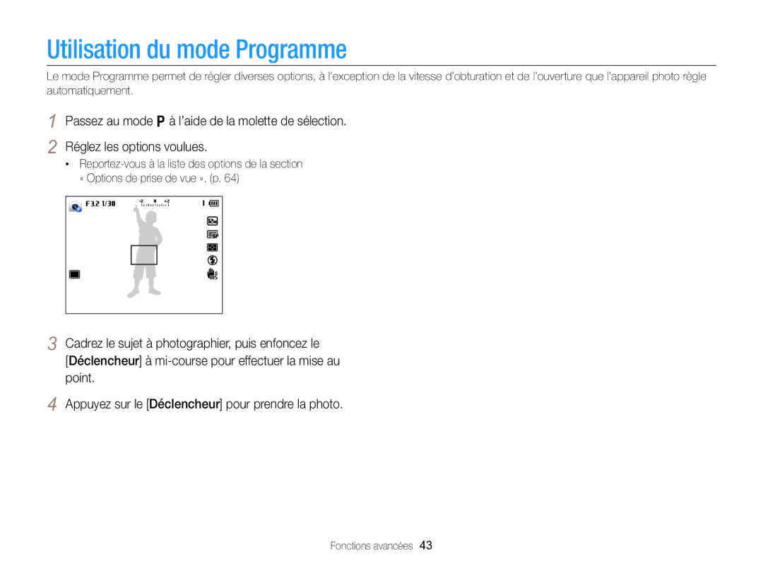 Samsung EC-EX2FZZBPBFR, EC-EX2FZZBPWFR manual Utilisation du mode Programme 