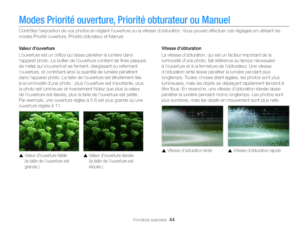 Samsung EC-EX2FZZBPWFR, EC-EX2FZZBPBFR Modes Priorité ouverture, Priorité obturateur ou Manuel, Vitesse d’obturation lente 