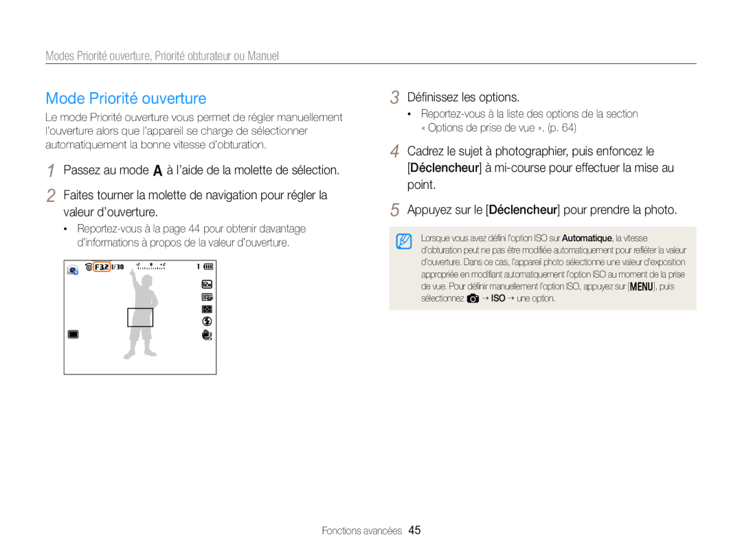 Samsung EC-EX2FZZBPBFR, EC-EX2FZZBPWFR Mode Priorité ouverture, Modes Priorité ouverture, Priorité obturateur ou Manuel 