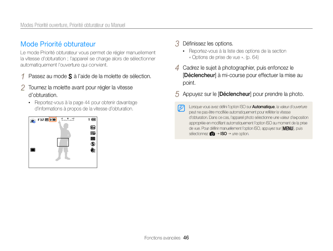 Samsung EC-EX2FZZBPWFR, EC-EX2FZZBPBFR manual Mode Priorité obturateur 
