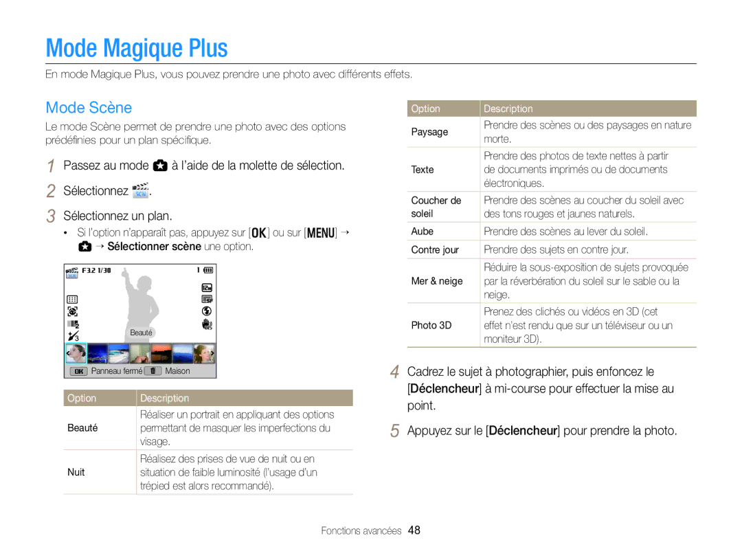 Samsung EC-EX2FZZBPWFR, EC-EX2FZZBPBFR manual Mode Magique Plus, Mode Scène 