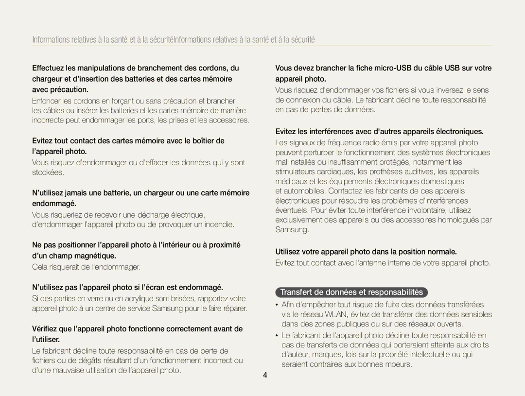 Samsung EC-EX2FZZBPWFR, EC-EX2FZZBPBFR manual Transfert de données et responsabilités 