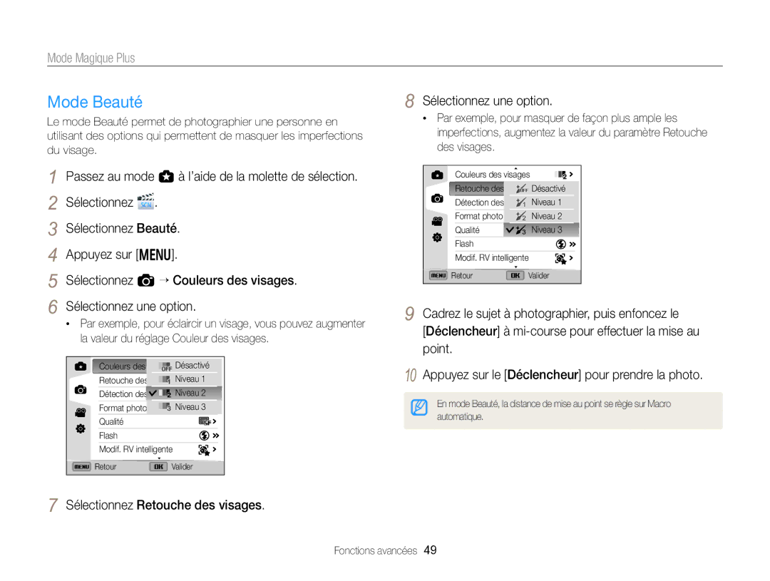 Samsung EC-EX2FZZBPBFR manual Mode Beauté, Mode Magique Plus, Sélectionnez Retouche des visages Sélectionnez une option 