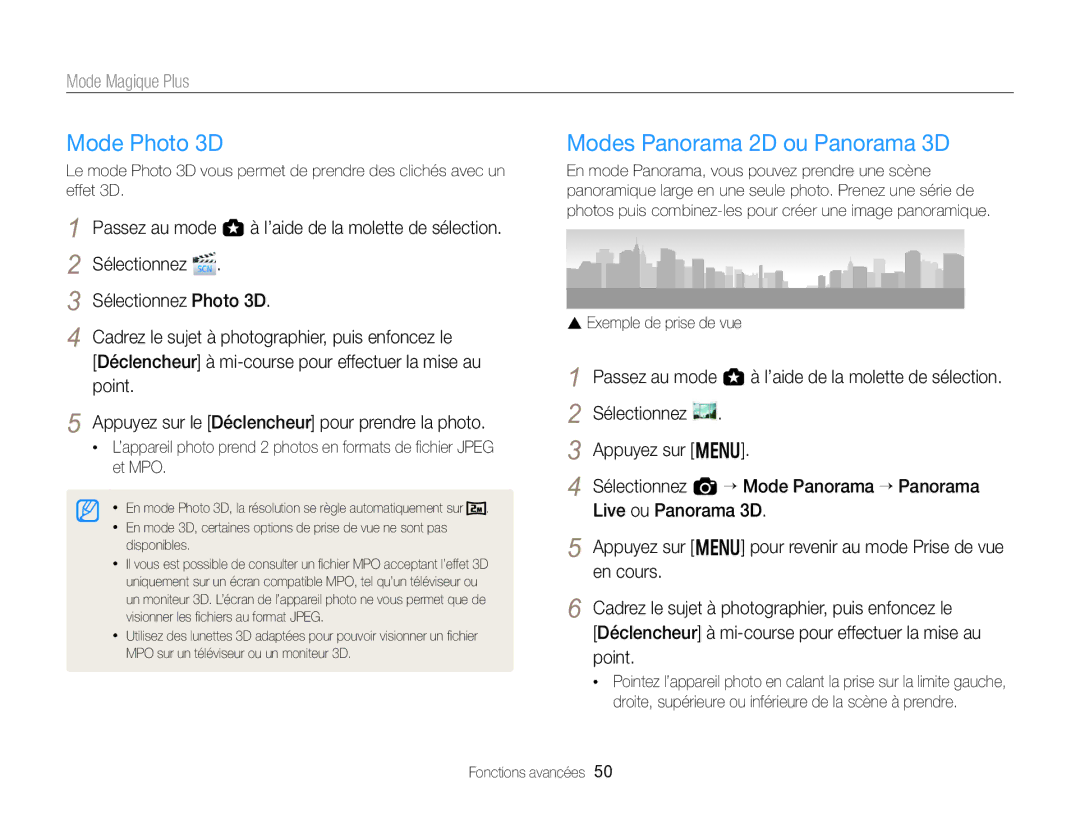 Samsung EC-EX2FZZBPWFR, EC-EX2FZZBPBFR manual Mode Photo 3D, Modes Panorama 2D ou Panorama 3D, Exemple de prise de vue 