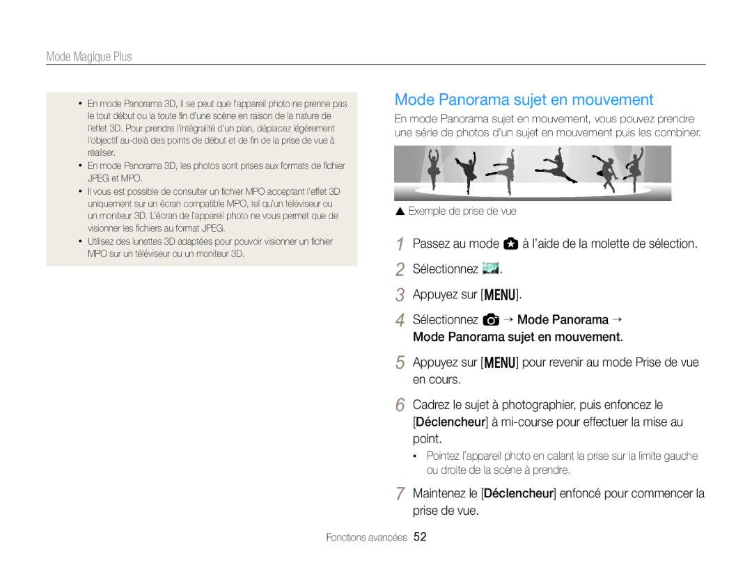 Samsung EC-EX2FZZBPWFR, EC-EX2FZZBPBFR manual Mode Panorama sujet en mouvement 