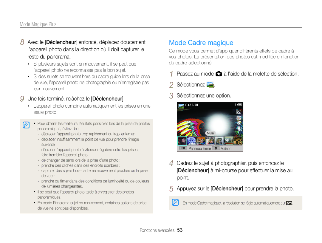 Samsung EC-EX2FZZBPBFR, EC-EX2FZZBPWFR manual Mode Cadre magique 