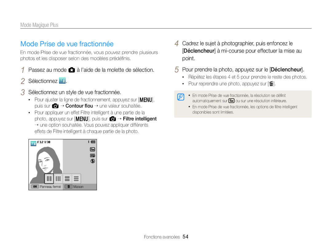 Samsung EC-EX2FZZBPWFR, EC-EX2FZZBPBFR manual Mode Prise de vue fractionnée, Sélectionnez un style de vue fractionnée 