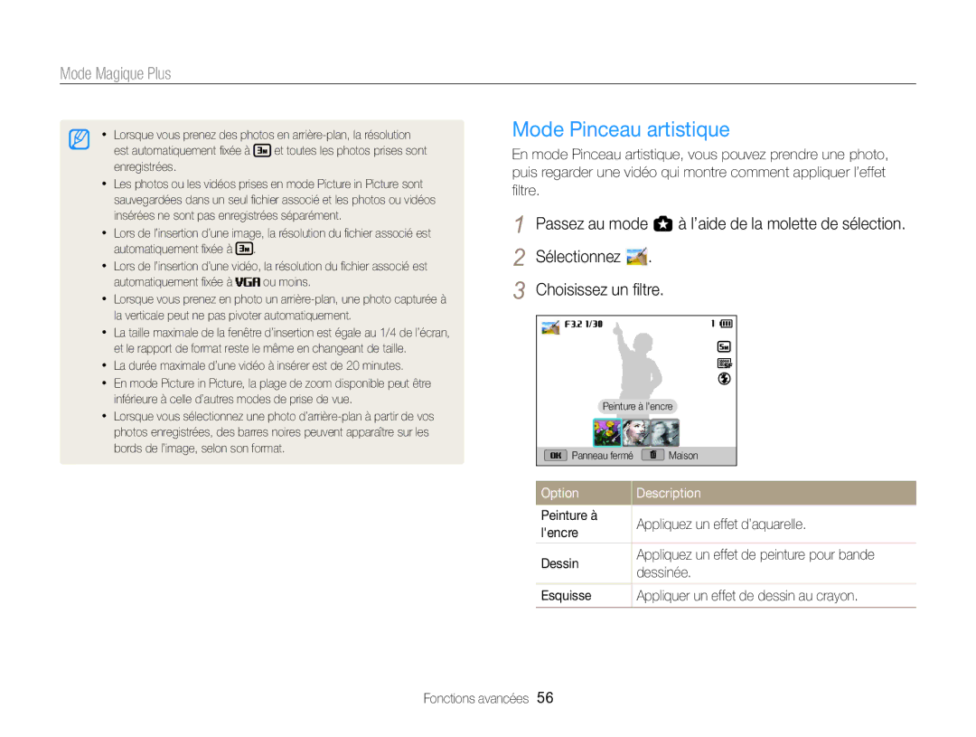 Samsung EC-EX2FZZBPWFR, EC-EX2FZZBPBFR manual Mode Pinceau artistique, Option Description 