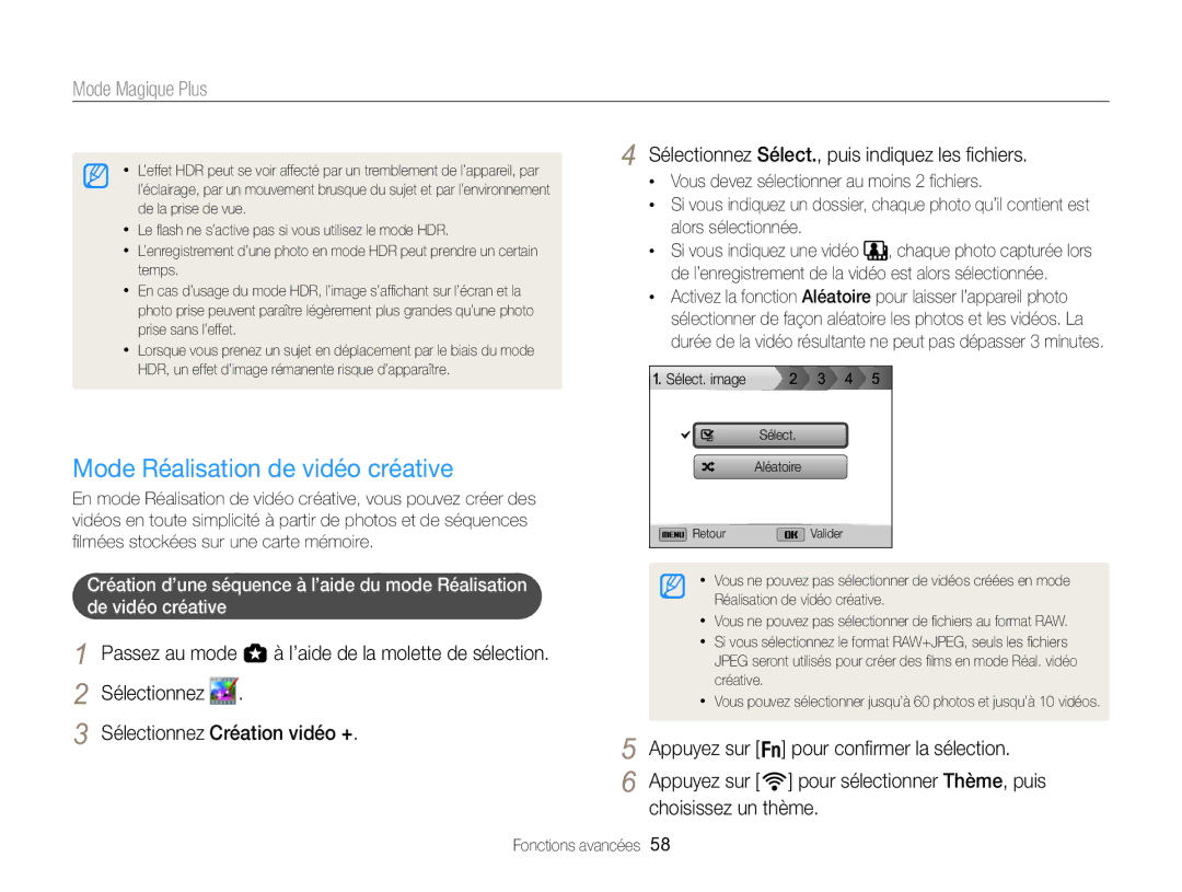 Samsung EC-EX2FZZBPWFR, EC-EX2FZZBPBFR manual Mode Réalisation de vidéo créative 