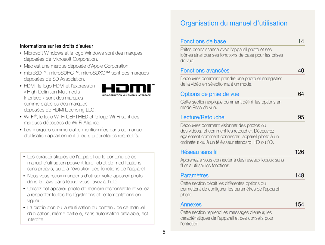 Samsung EC-EX2FZZBPBFR, EC-EX2FZZBPWFR manual Organisation du manuel d’utilisation, 126, 148, 154 