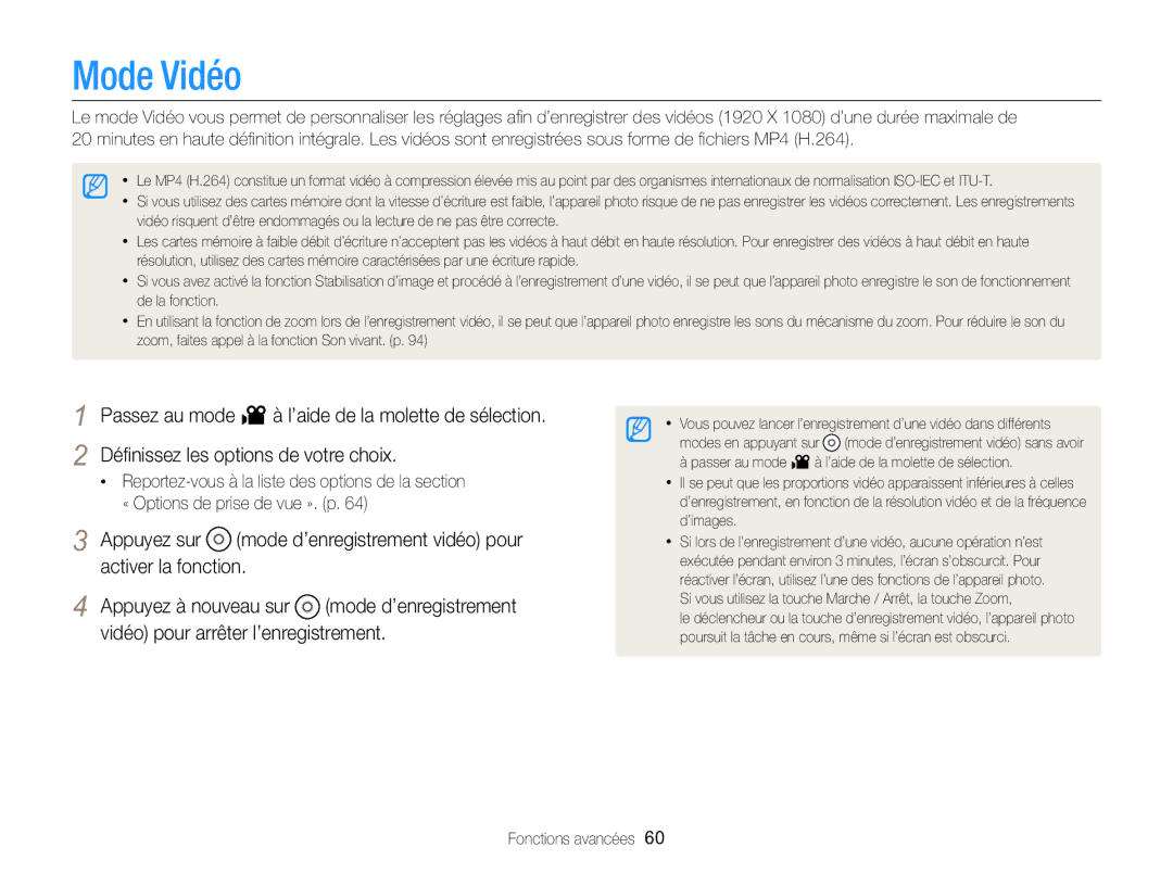 Samsung EC-EX2FZZBPWFR, EC-EX2FZZBPBFR manual Mode Vidéo 